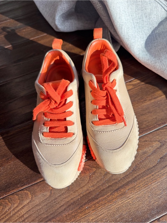 Hermes Shoes - Hermes Tan Suede Sneakers with Bright Orange Accents